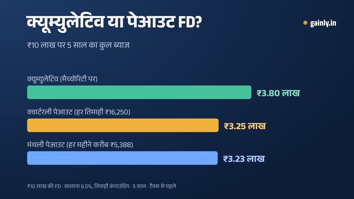 ₹10 लाख की FD पर 6.5% से 5 साल का कुल ब्याज दिखाता बार चार्ट: क्यूम्युलेटिव ₹3.80 लाख, क्वार्टरली पेआउट ₹3.25 लाख, मंथली पेआउट ₹3.23 लाख