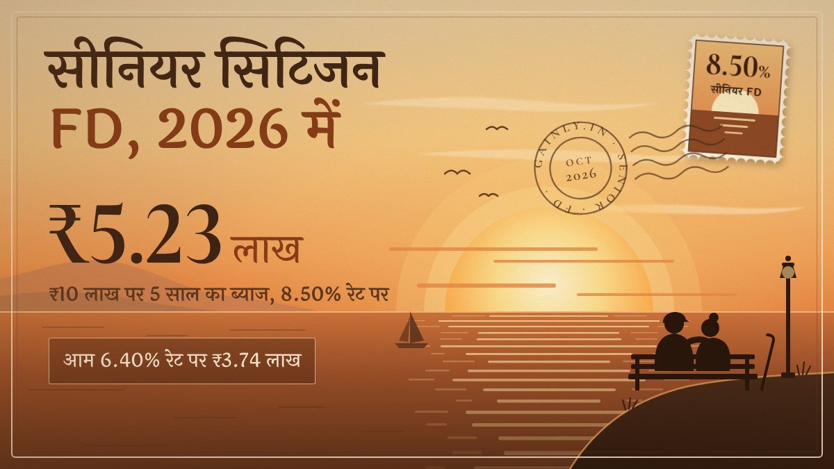 सूर्यास्त के समय का विंटेज पोस्टकार्ड: समुद्र किनारे बेंच पर बैठा बुज़ुर्ग जोड़ा, ₹10 लाख पर 8.50% रेट से ₹5.23 लाख ब्याज और 8.50% का डाक टिकट