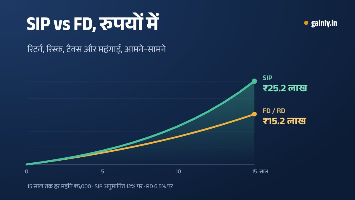 चार्ट में दो बढ़ती लाइनें, 15 साल तक हर महीने की SIP और बैंक FD की तुलना, SIP वाली लाइन ऊपर जाकर खत्म होती है