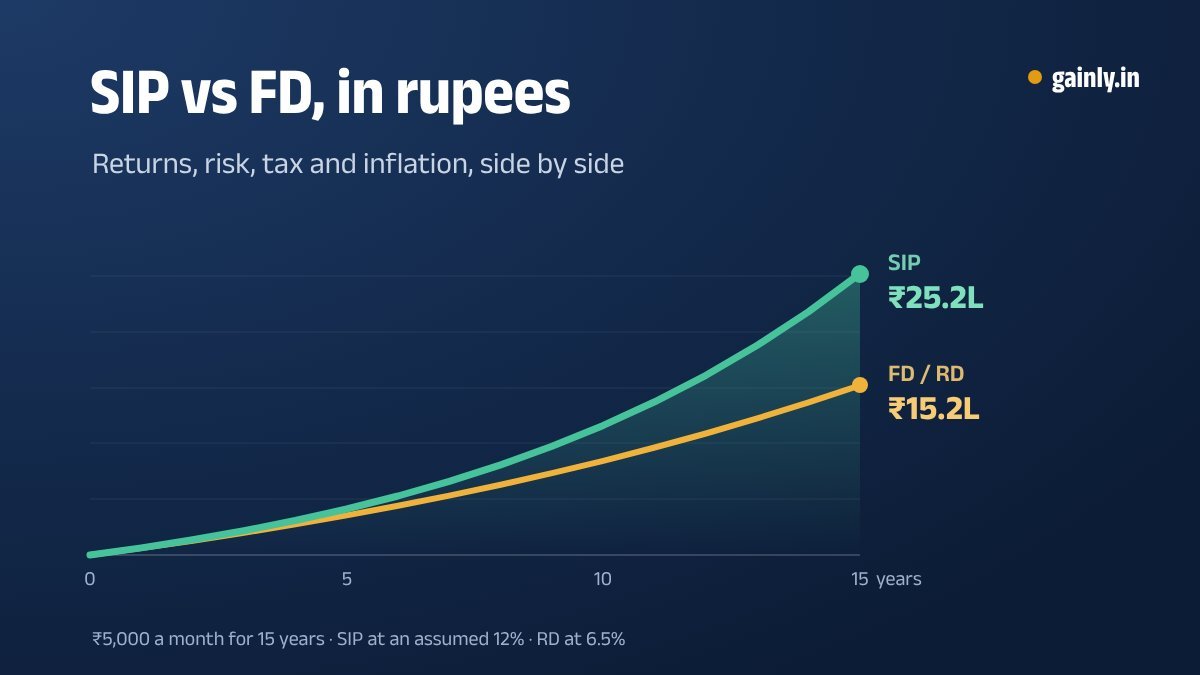 Chart with two growth lines comparing a monthly SIP and a bank FD over 15 years, with the SIP line ending higher
